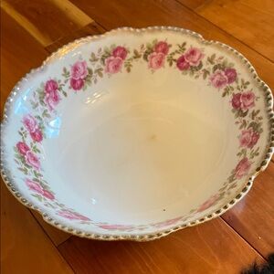 Vintage Pink and White Floral Serveware Bowl with Scalloped Trim